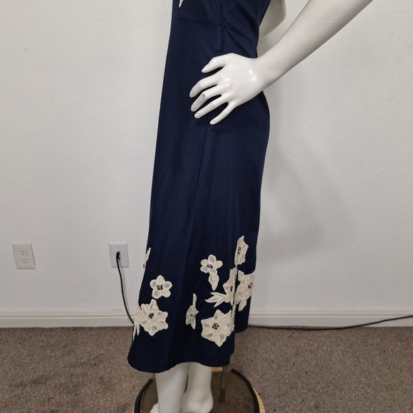 Odille Anthropologie Navy Blue Cream Rice Paper Garden Floral Midi Dress Size 2 - Picture 10 of 13